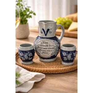 German Wine Set Cobalt Blue Salt Glazed Stoneware 5" Pitcher & 3" Cups Rustic